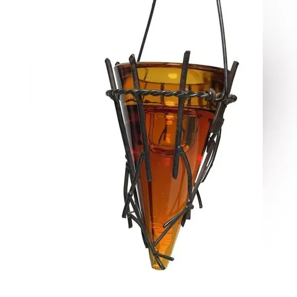 Vintage Mid Century Modern Wrought Iron Tree w/Amber Glass Cone Candle Holder - Picture 7 of 11